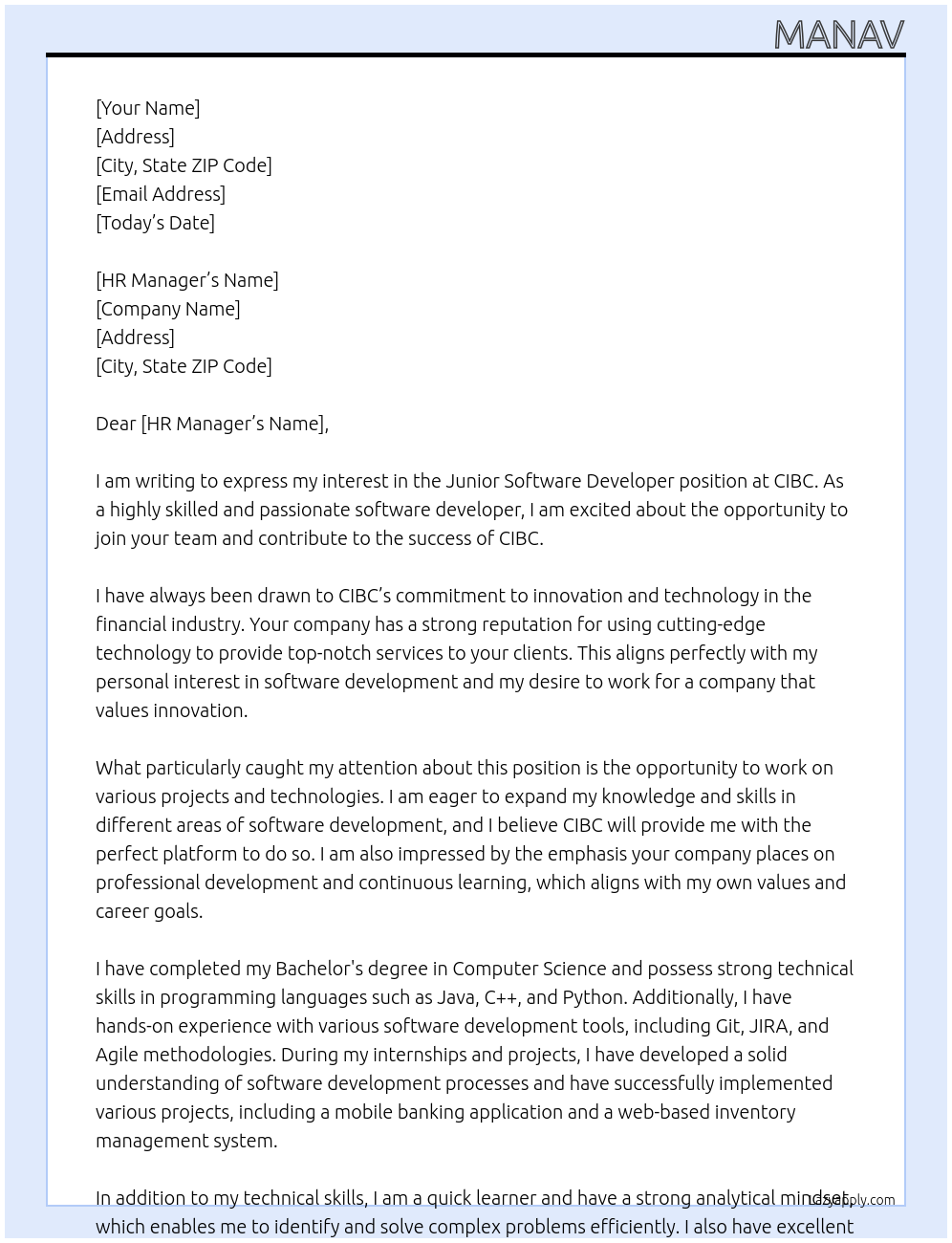 junior software developer At CIBC Cover Letter
