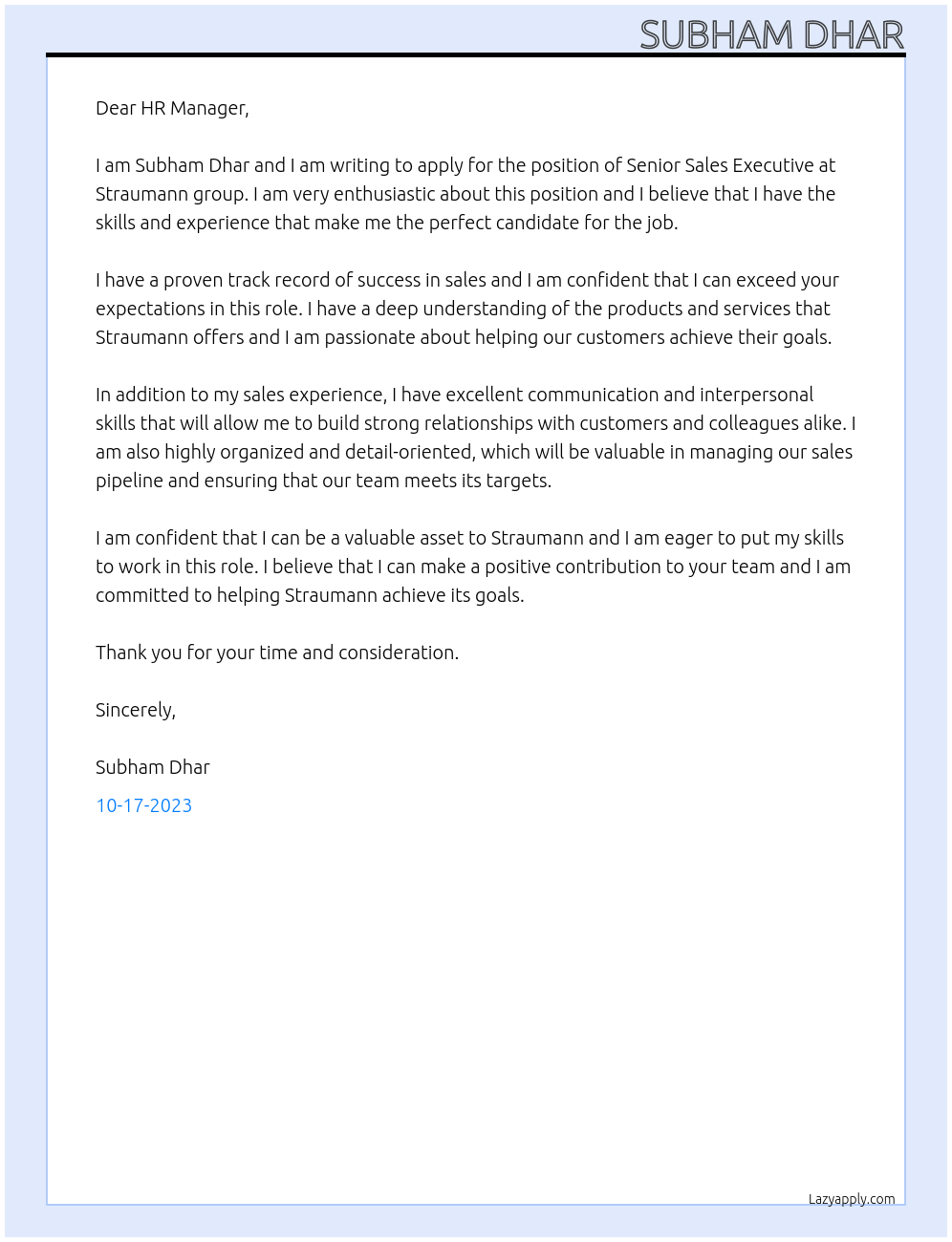 Senior Sales Executive At Straumann group Cover Letter