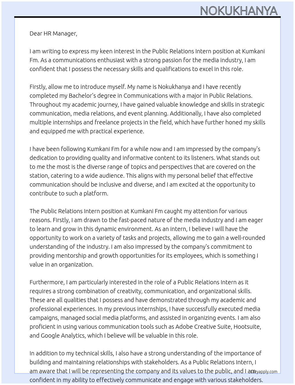 Public Relations Intern At Kumkani Fm Cover Letter