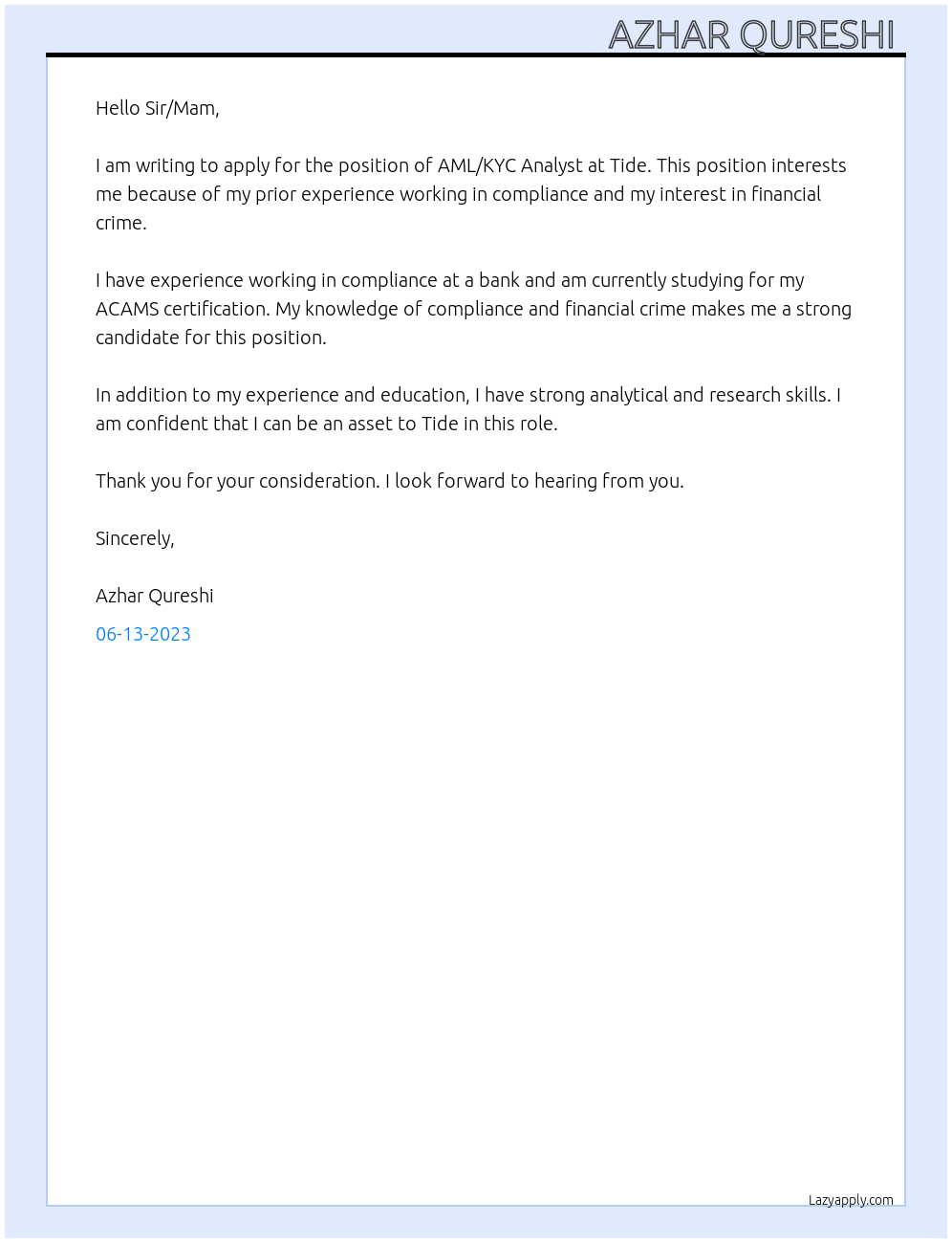 AML / KYC Analyst  At Tide  Cover Letter