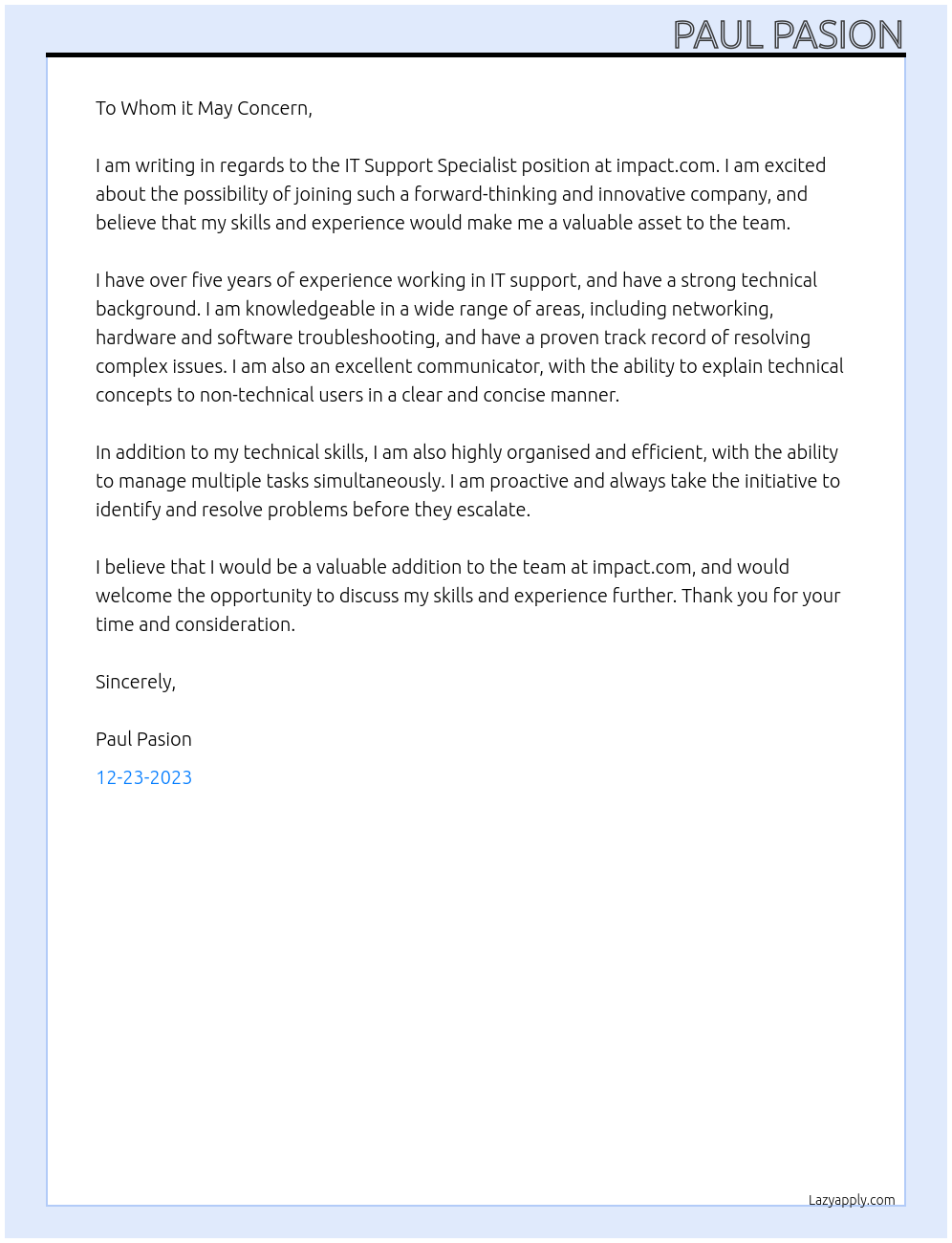 IT Support Specialist At impact.com Cover Letter