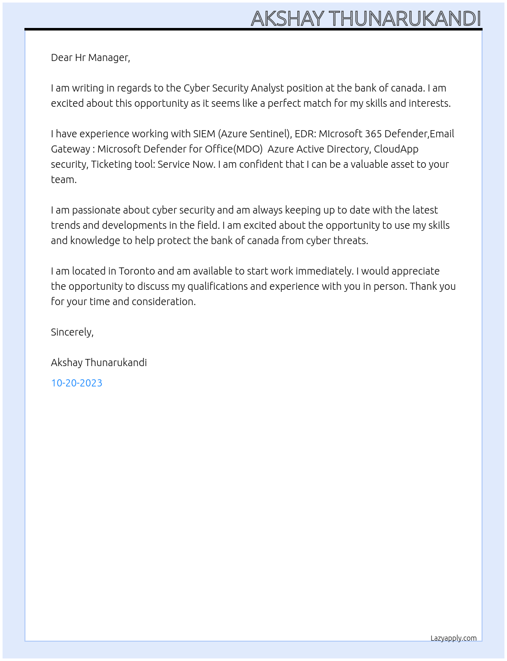 Cyber Security Analyst At bank of canada Cover Letter