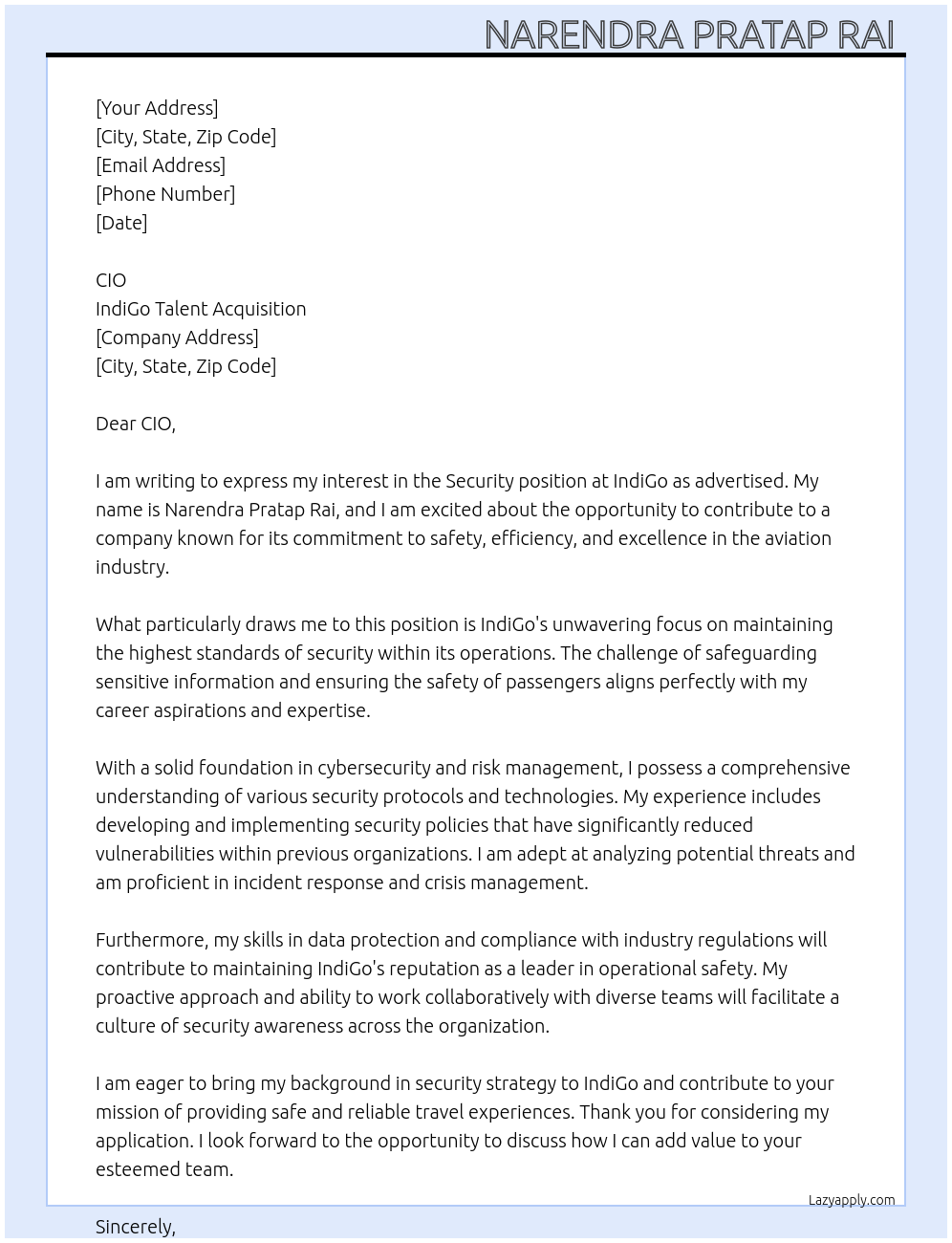 Security  At IndiGo talent acquisition  Cover Letter