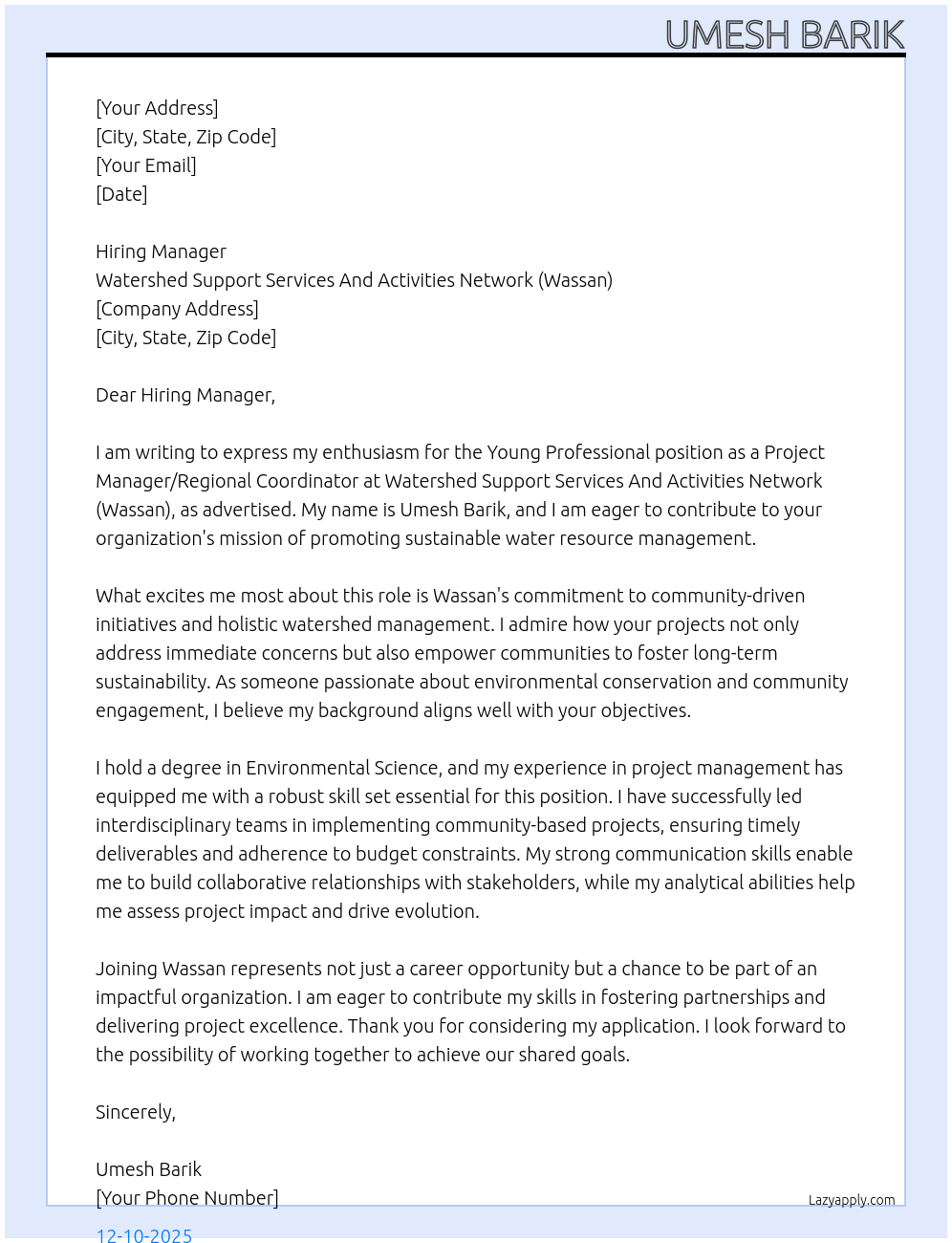 Young professional At Watershed Support Services And Activities Network (Wassan) Cover Letter