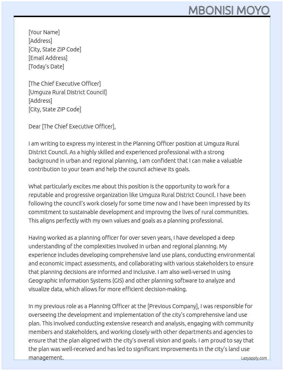 Planning Officer At Umguza Rural District Council Cover Letter