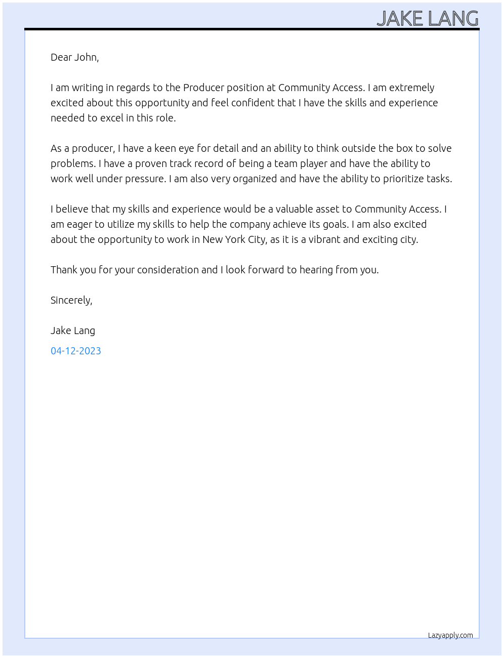 Producer  At Community Access Cover Letter