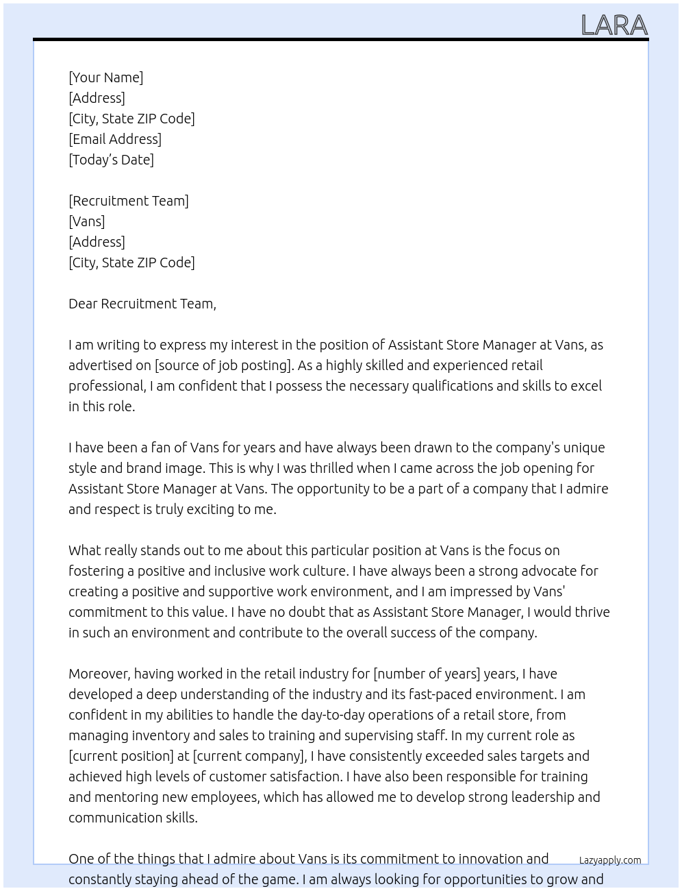 Assistant store manager At Vans Cover Letter