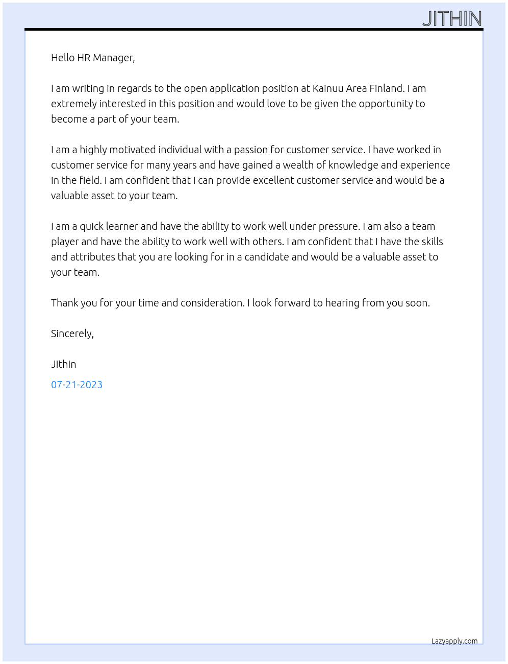 Open Application  At Kainuu Area Finland  Cover Letter