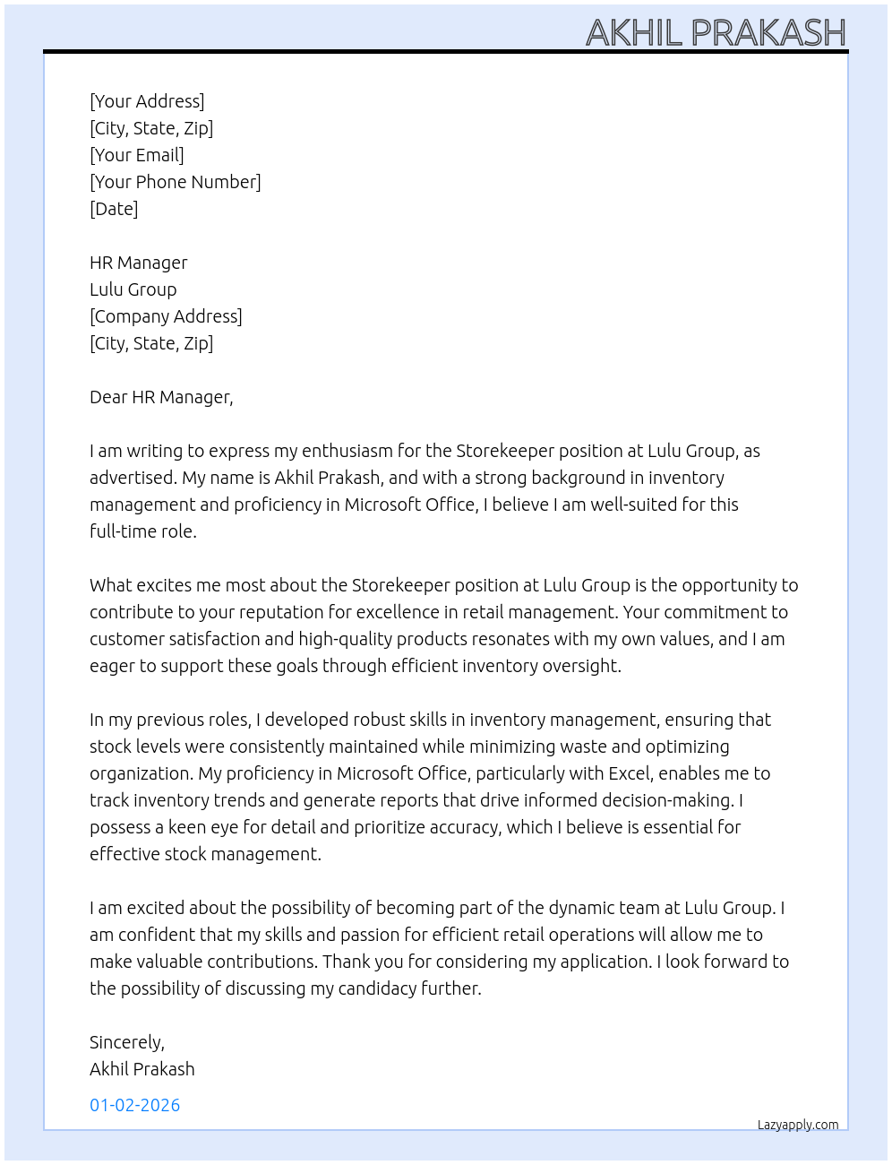 Cover letter for storekeeper - LazyApply