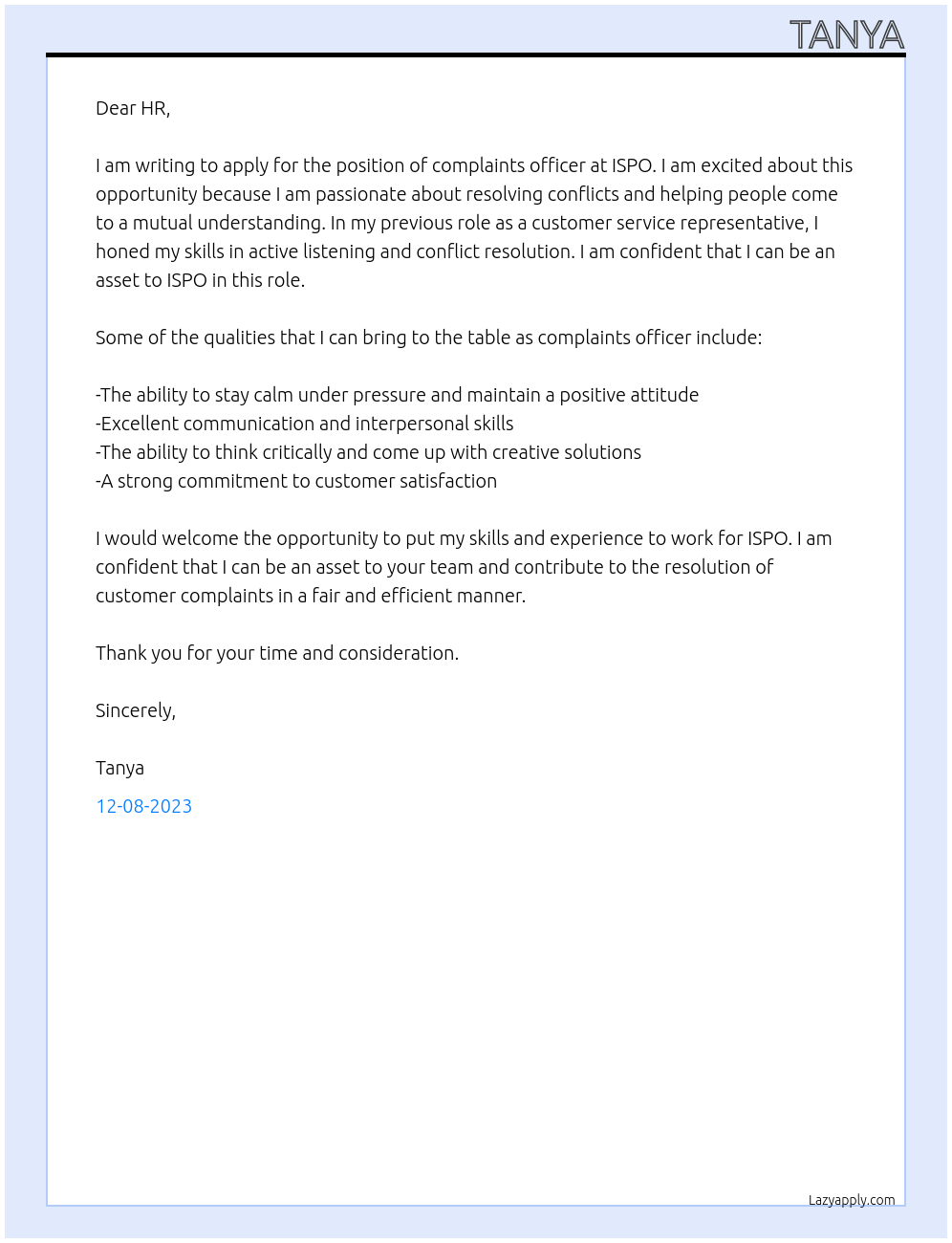 complaints officer At ispo Cover Letter