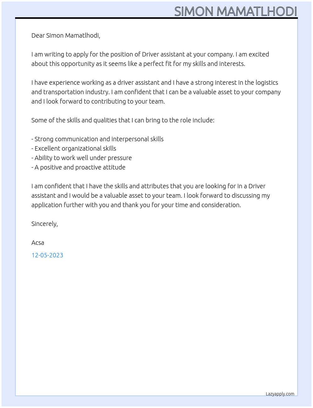 Driver assistant At Simon Mamatlhodi Cover Letter