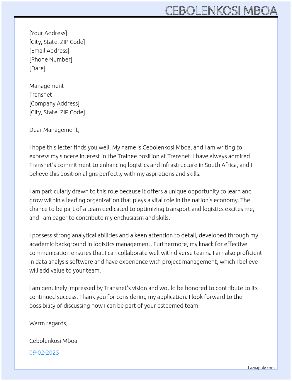 Cover letter for trainee - LazyApply