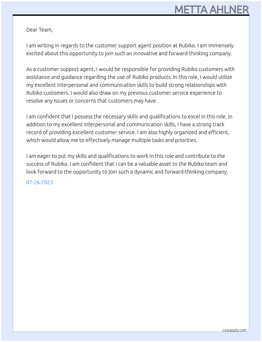Customer support agent At Rubiko Cover Letter