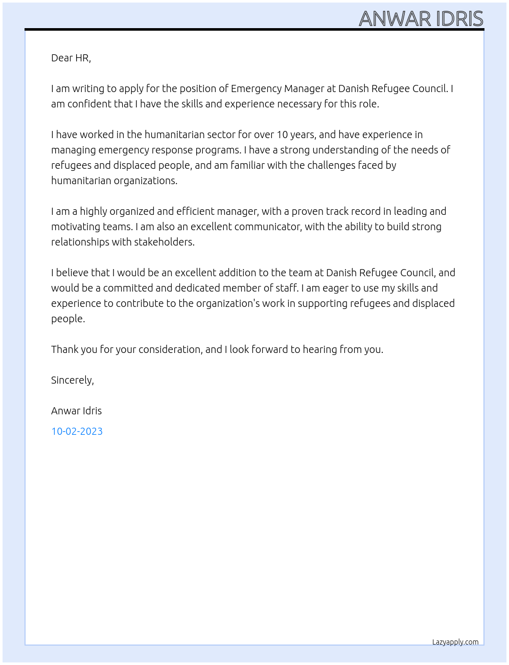 Emergency Manager At Danish Refugee Council  Cover Letter