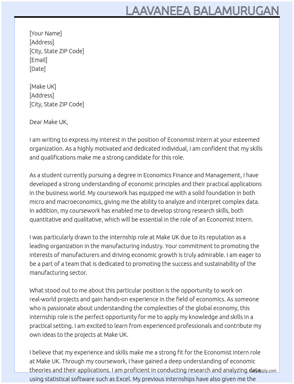 Economist Intern  At Make UK Cover Letter