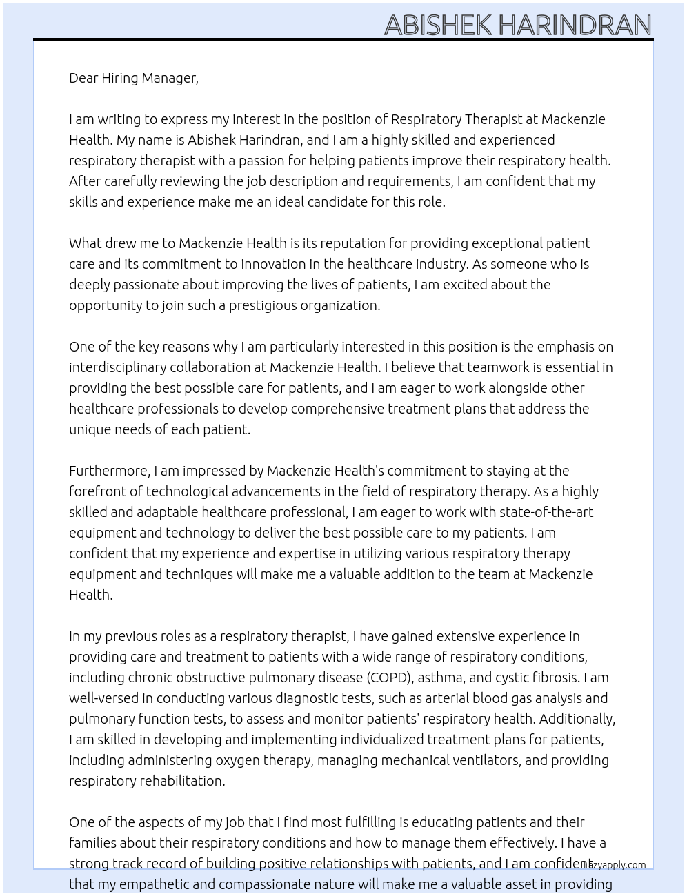 Respiratory Therapist At Mackenzie Health Cover Letter