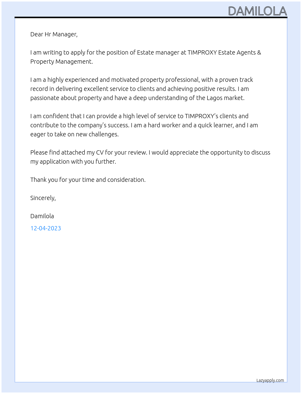 Estate manager At TIMPROXY Estate Agents & Property Management Cover Letter