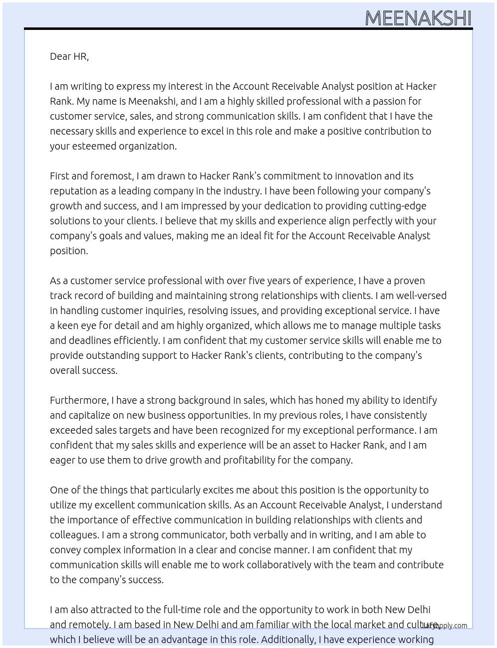 Account receivable analyst At Hacker Rank Cover Letter