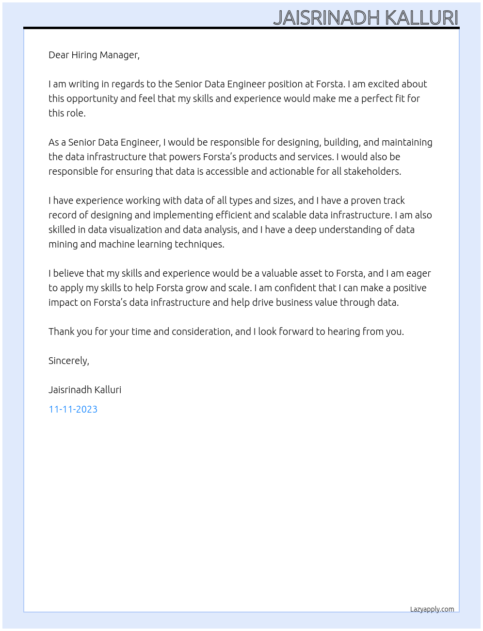 Senior Data Engineer At Forsta Cover Letter