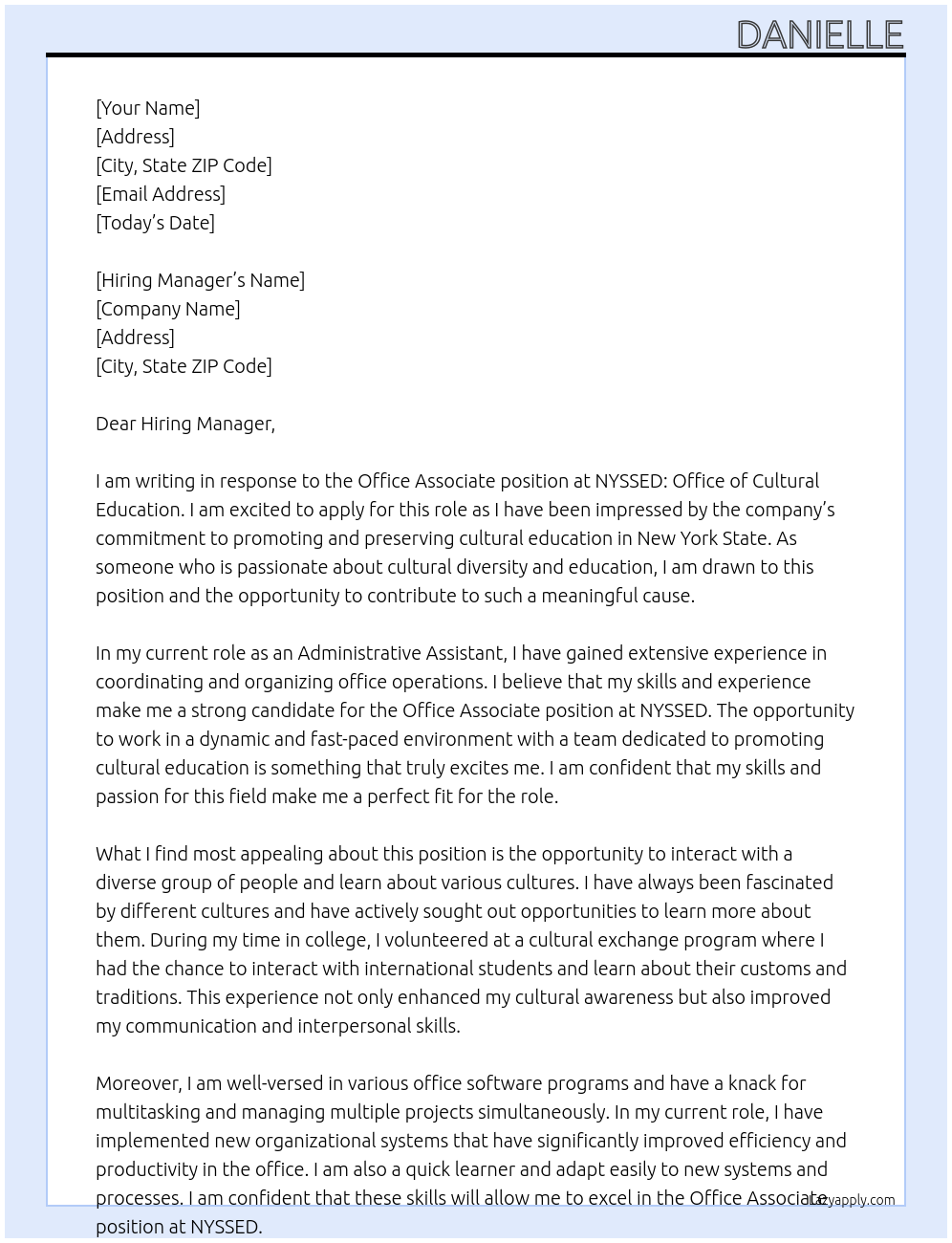 Office Associate  At NYSSED: Office of Cultural Education  Cover Letter