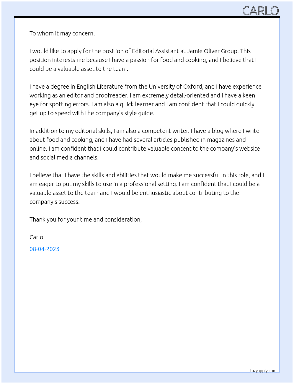 Editorial Assistant At Jamie Oliver Group Cover Letter