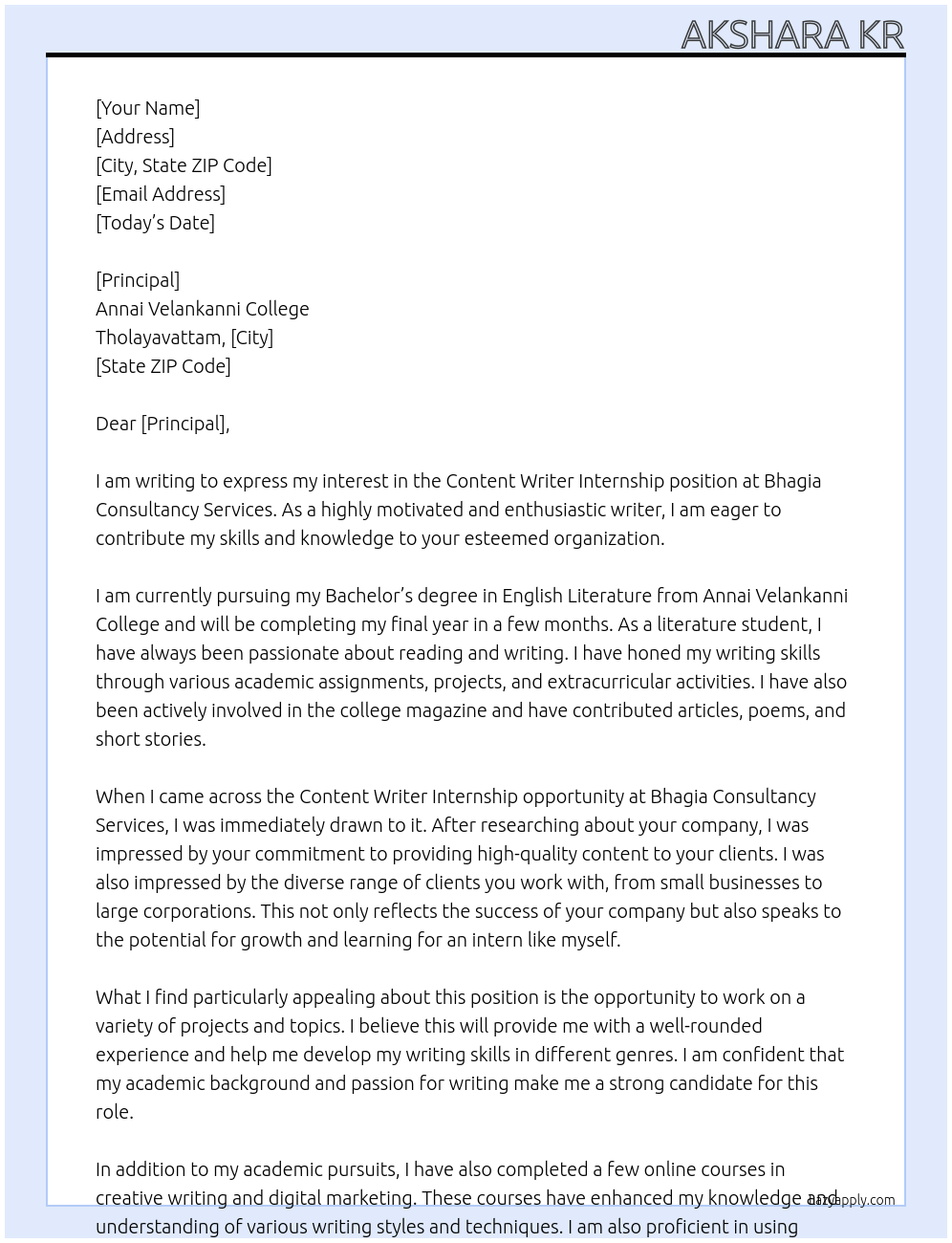 Cover letter for content writer internship - LazyApply