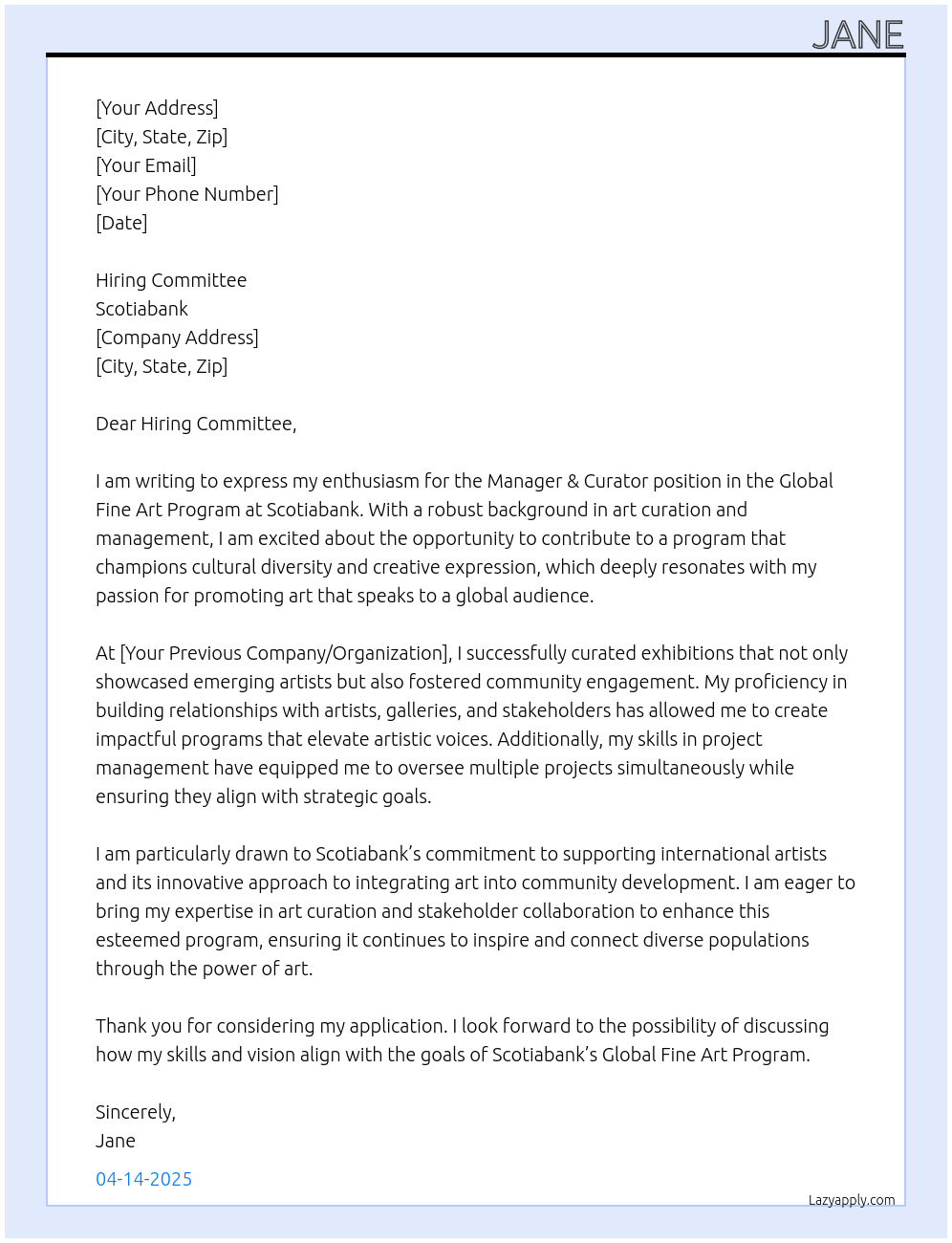Manager & Curator, Global Fine Art Program At Scotiabank Cover Letter