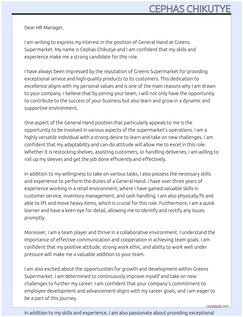 General Hand At Greens Supermarket Cover Letter