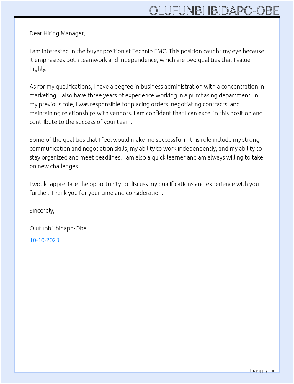 Buyer At Technip FMC Cover Letter