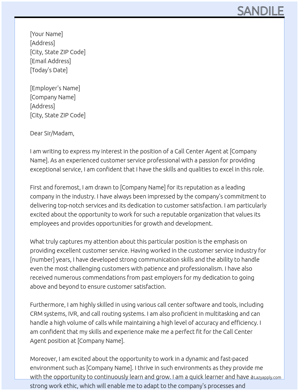 call center agent At campany Cover Letter