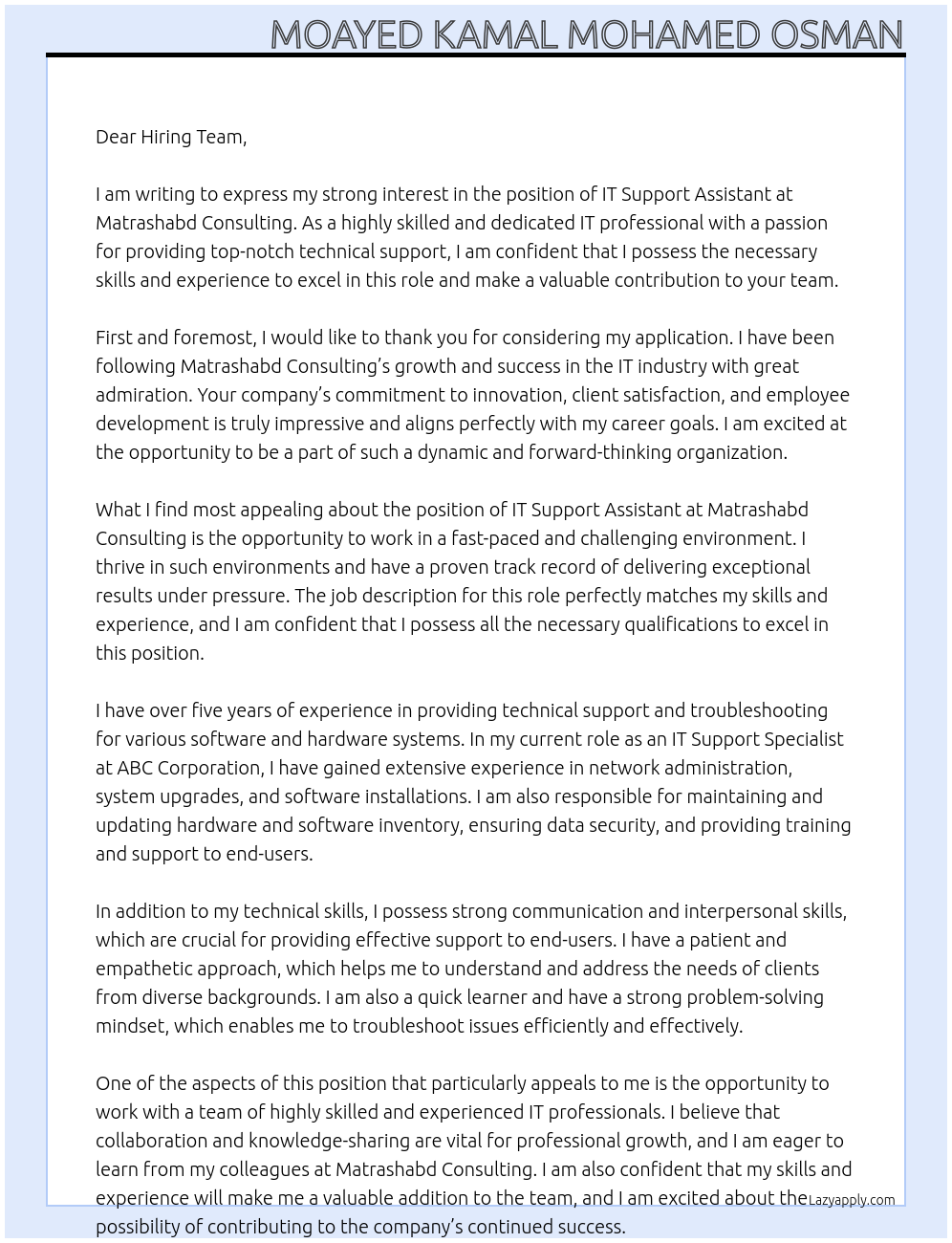 IT Support Assistant At Matrashabd Consulting Cover Letter