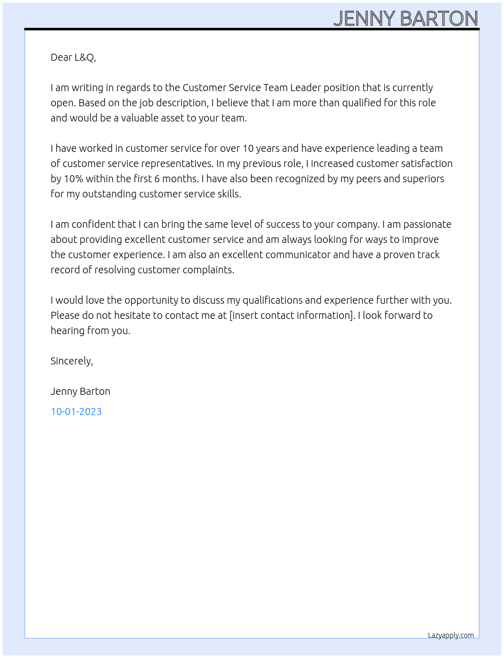 Customer service team leader  At L&Q  Cover Letter