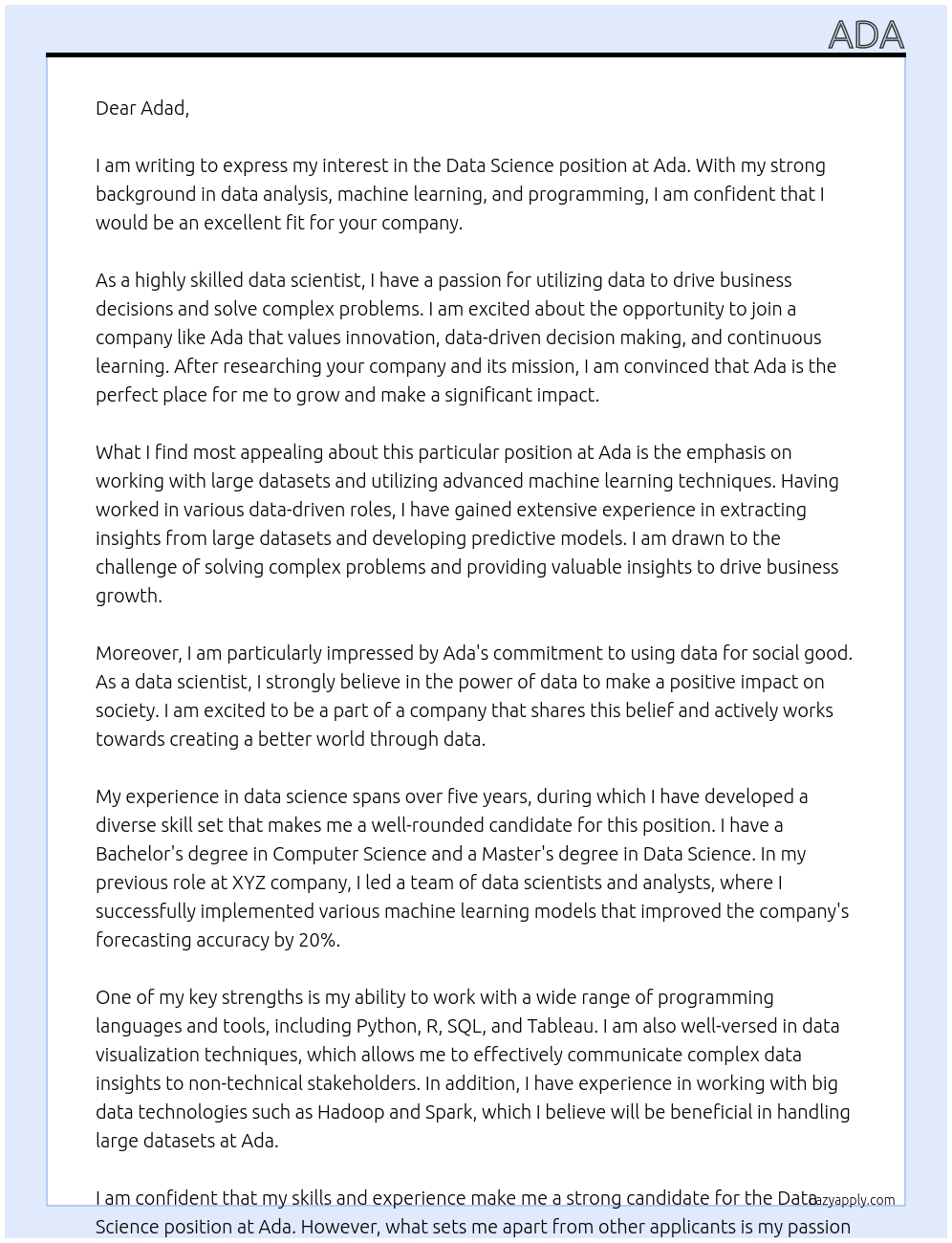 data science At ada Cover Letter