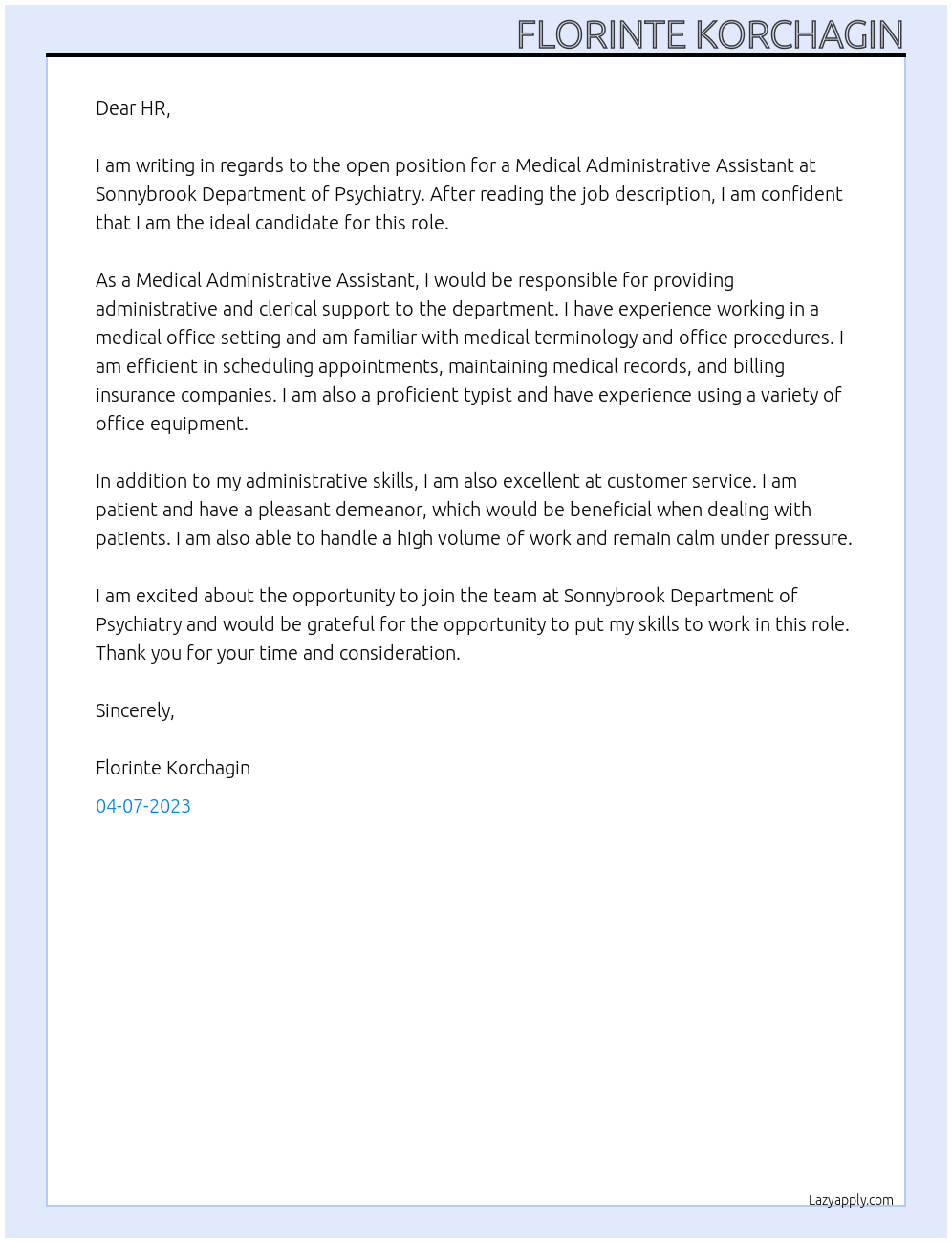 Medical Administrative Assistant At Sonnybrook Department of Psychaitry Cover Letter