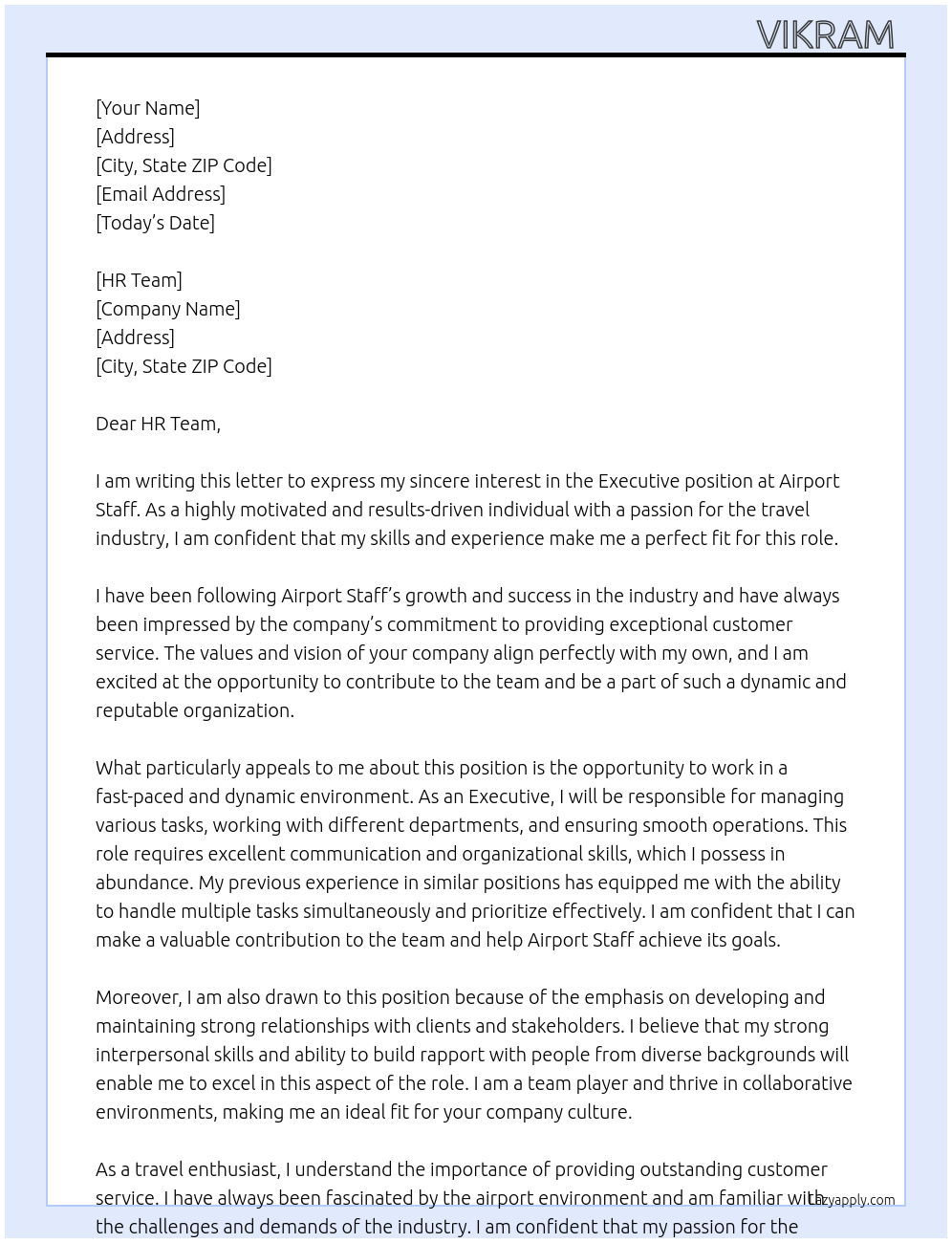 Executive At Airport staff Cover Letter