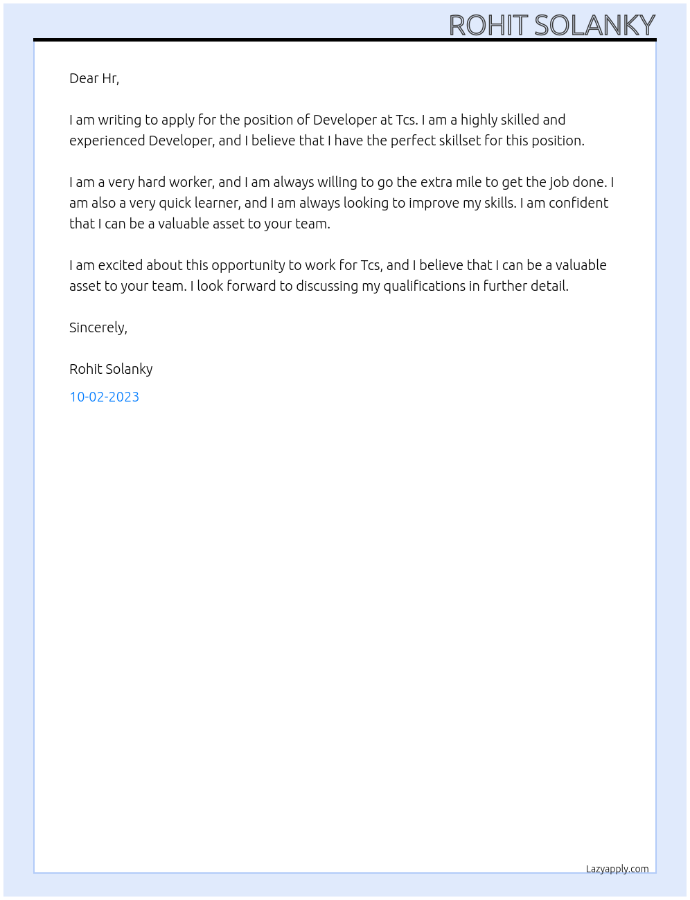Developer At Tcs Cover Letter