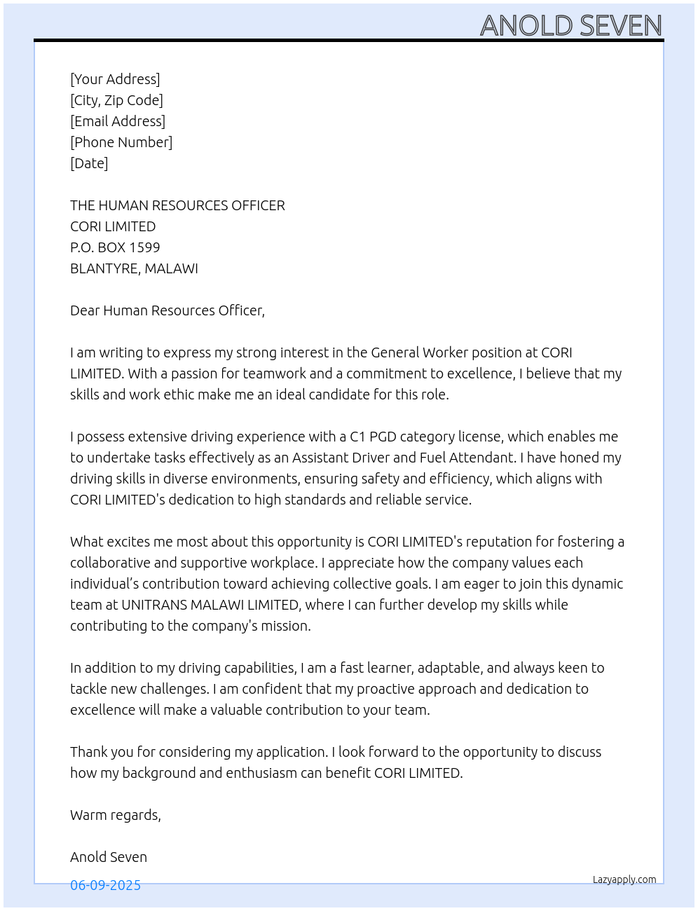 GENERAL WORKER At CORI LIMITED Cover Letter