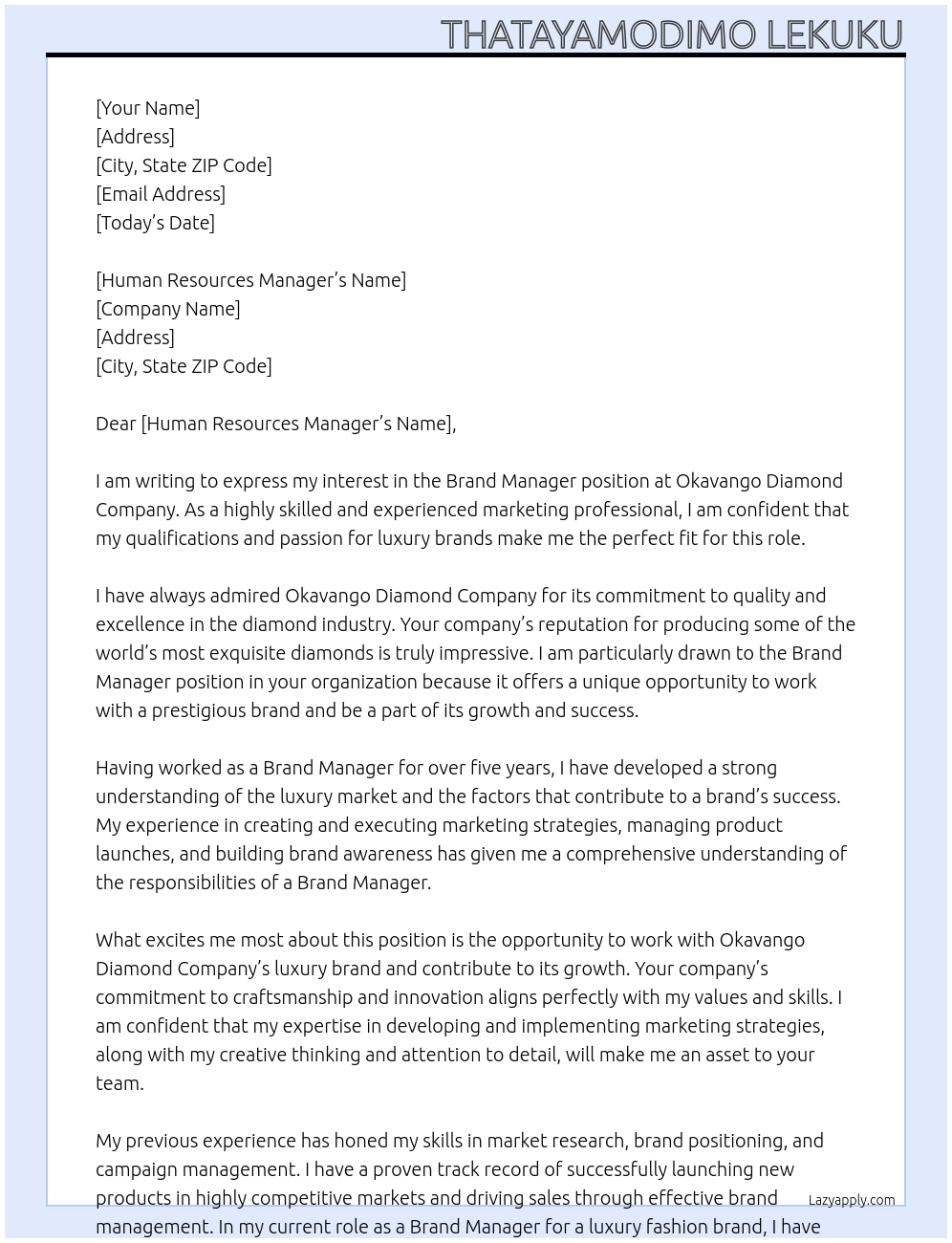 Brand Manager At Okavango Diamond Company Cover Letter