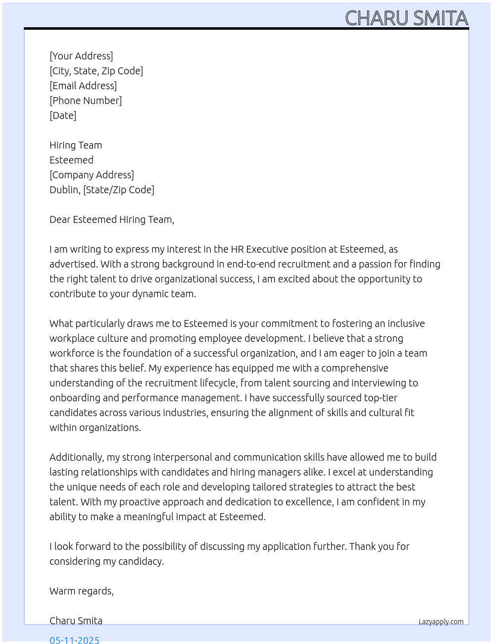 HR Executive At Esteemed Cover Letter