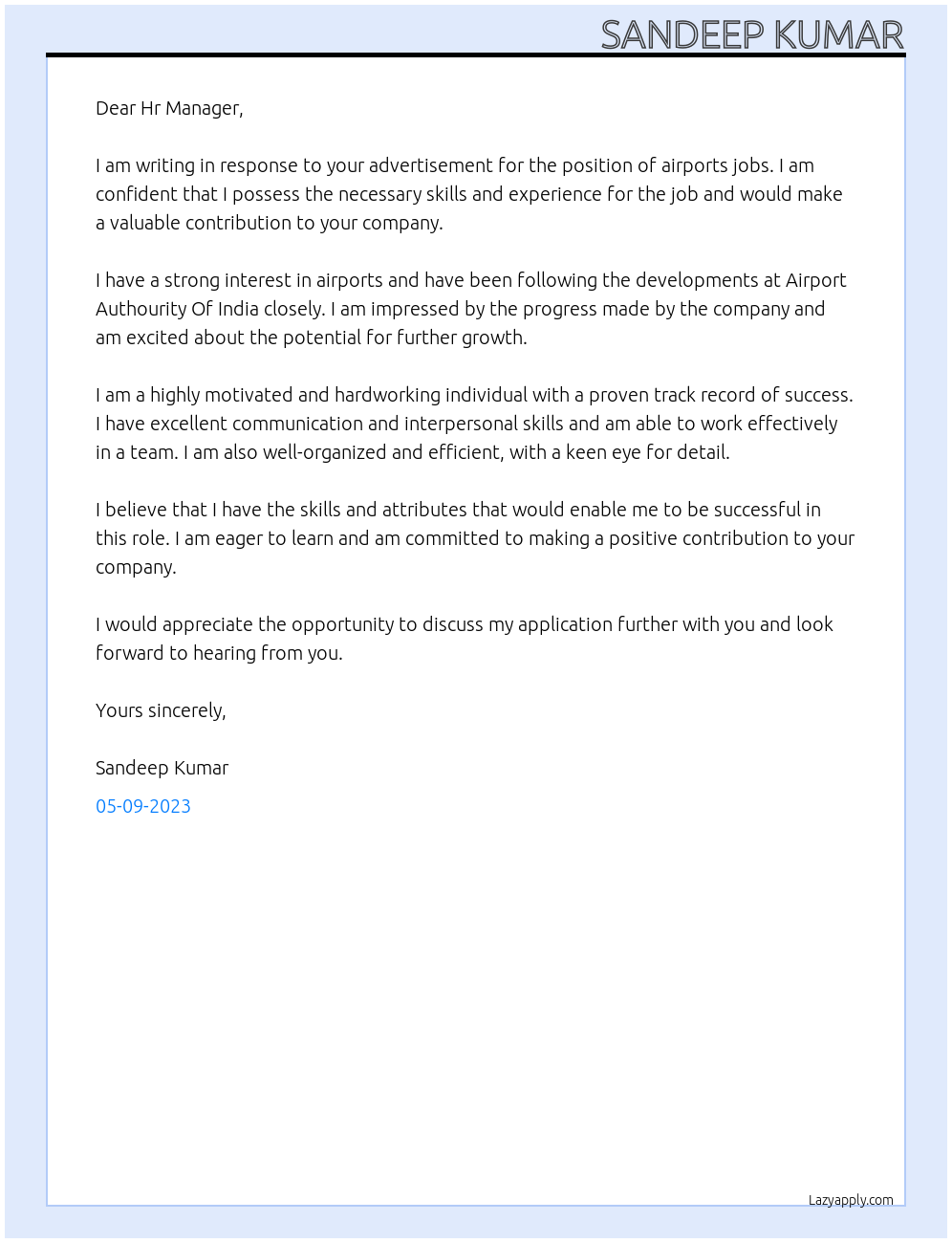 Airports Jobs  At Airport Authourity Of India Cover Letter