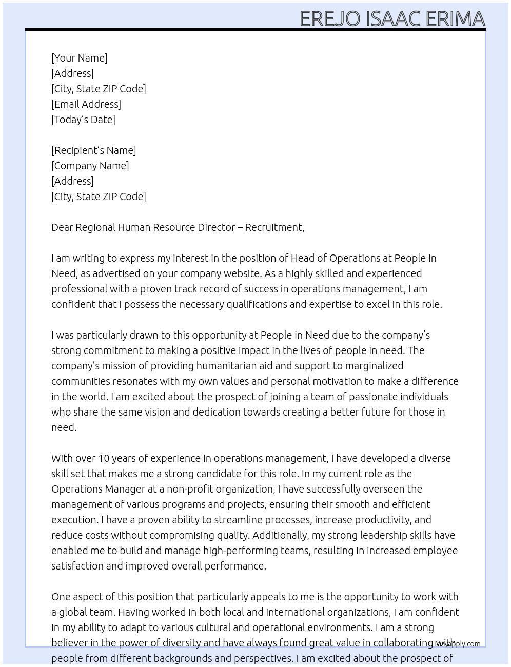 Head of Operations At People in Need Cover Letter