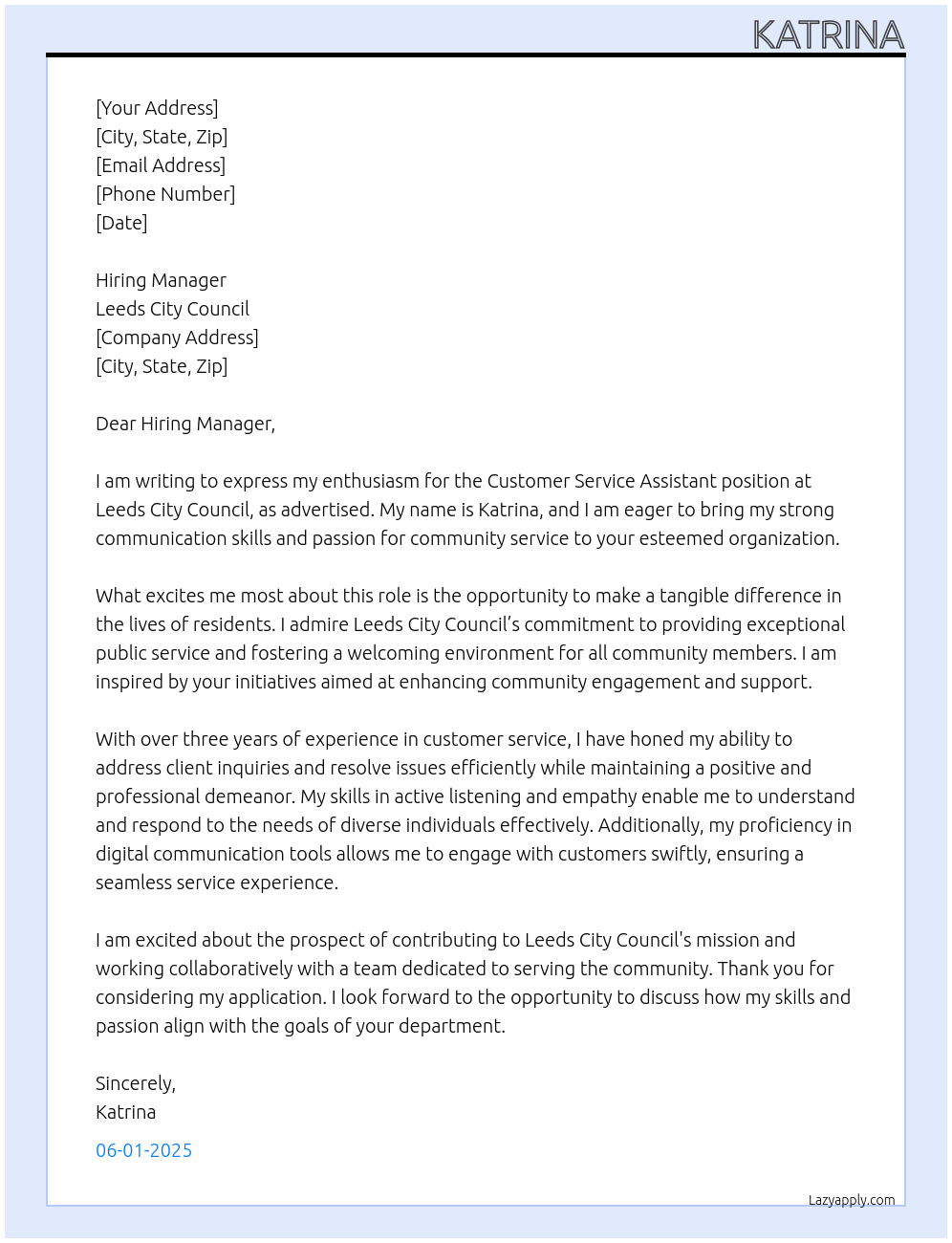 customer service assistant At leeds city coucncil Cover Letter