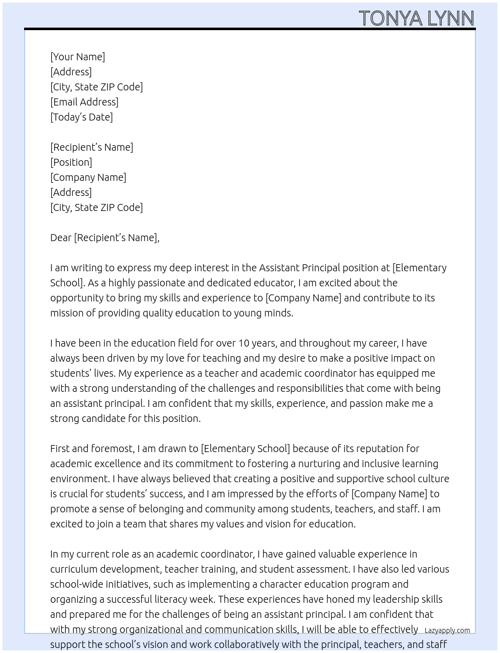 assistant Principal At Elementary School Cover Letter