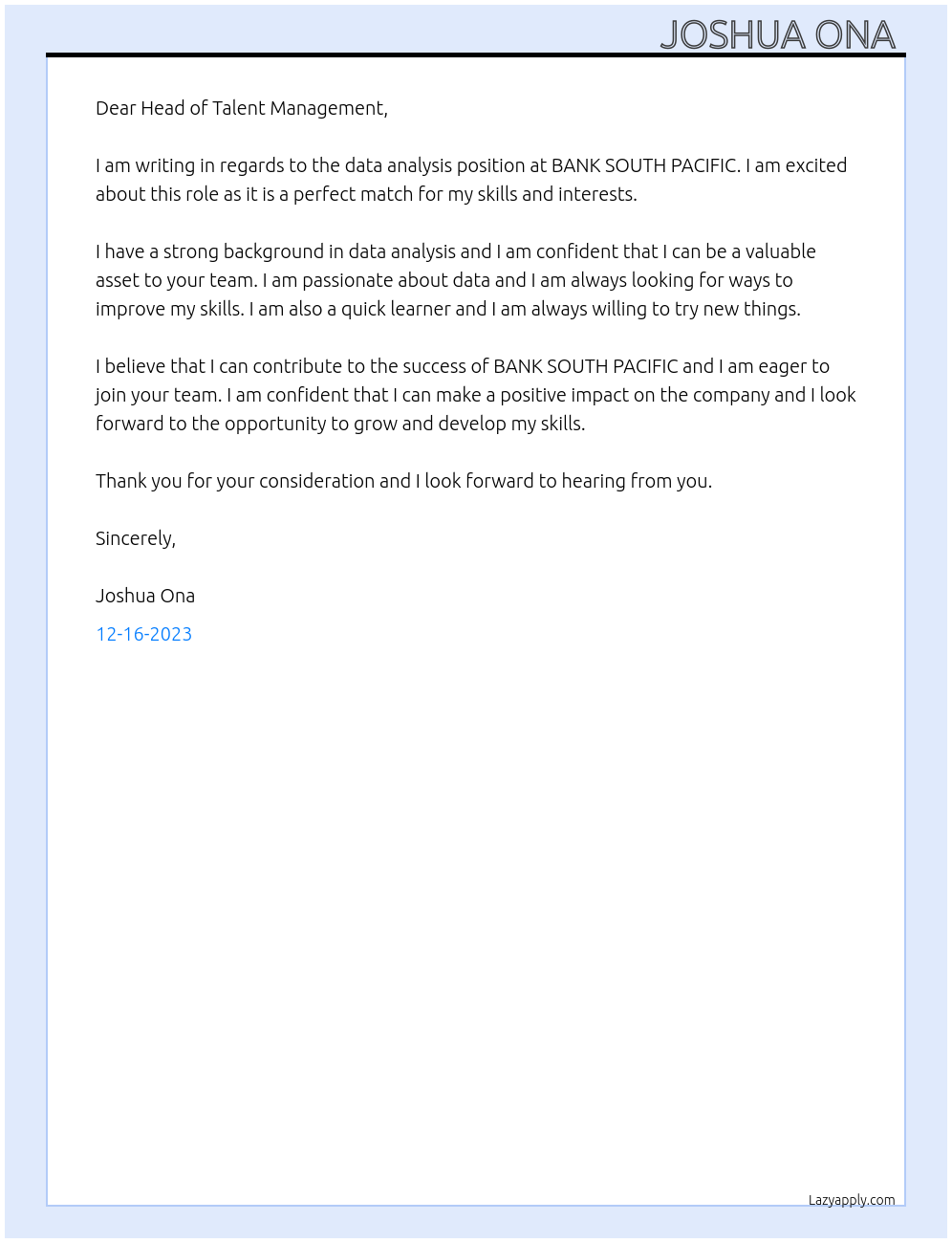 Data Analysis At BANK SOUTH PACIFIC Cover Letter