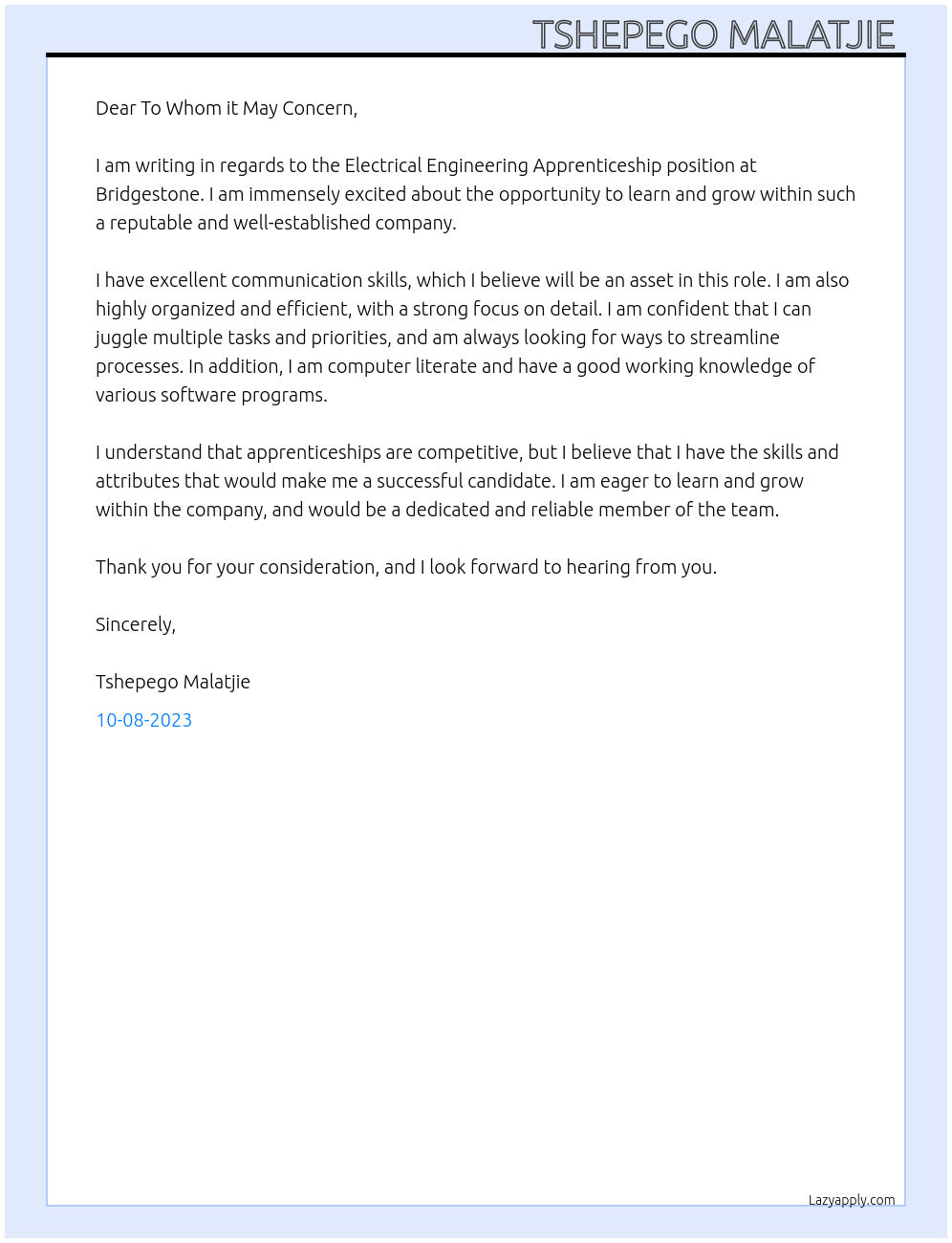 Electrical Engineering Apprenticeship At Bridgestone Cover Letter