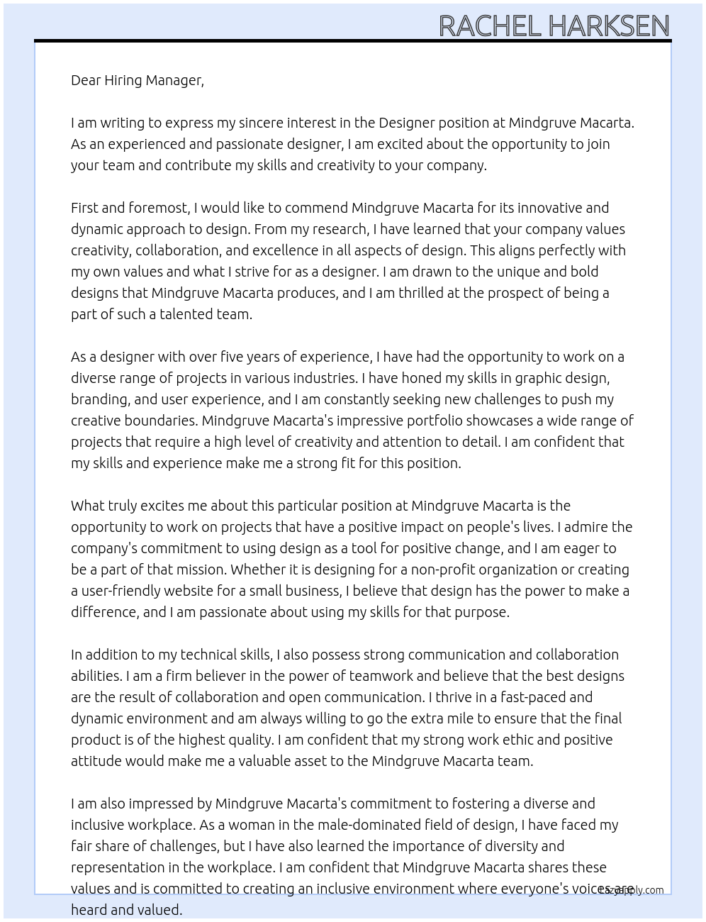 Designer At Mindgruve Macarta Cover Letter