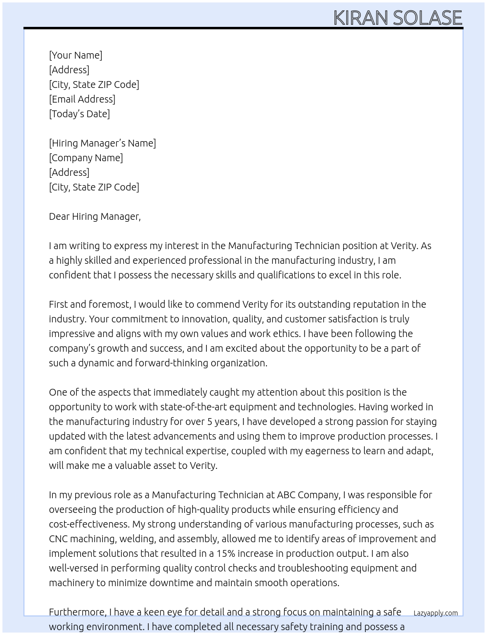 Manufacturing Technician At Verity Cover Letter