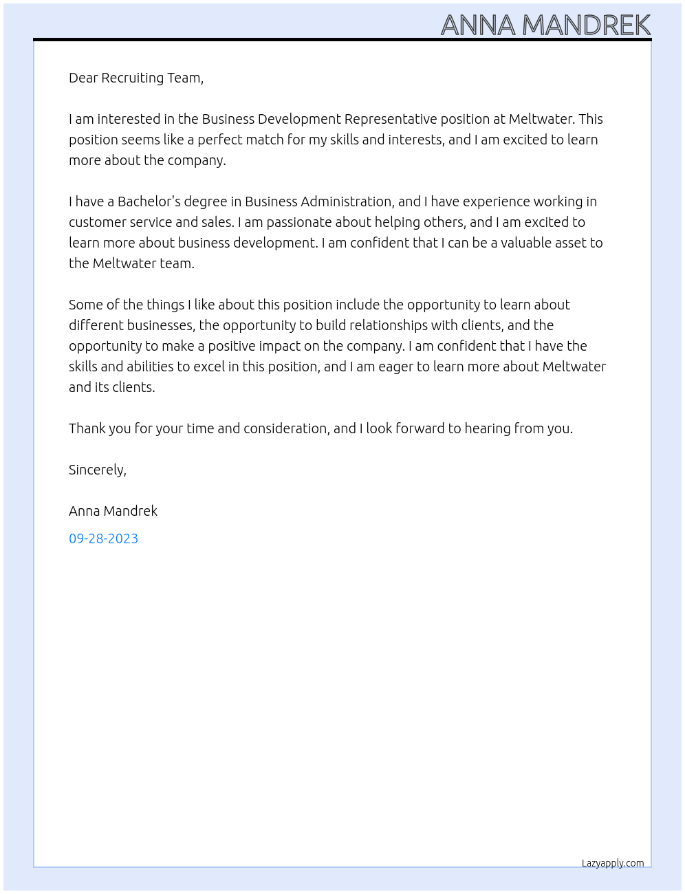 Business Development Representative At Meltwater Cover Letter