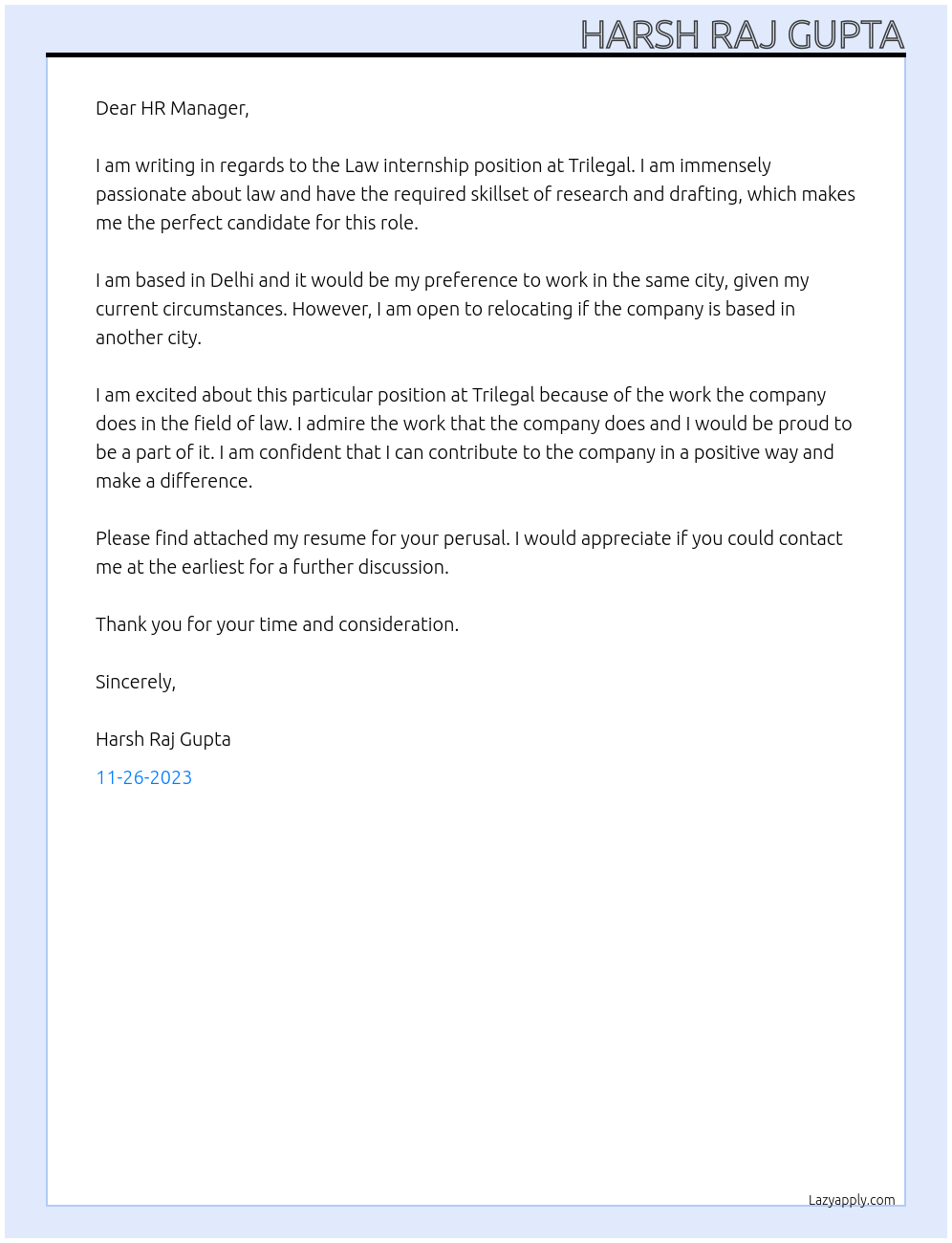 Law internship At Trilegal Cover Letter