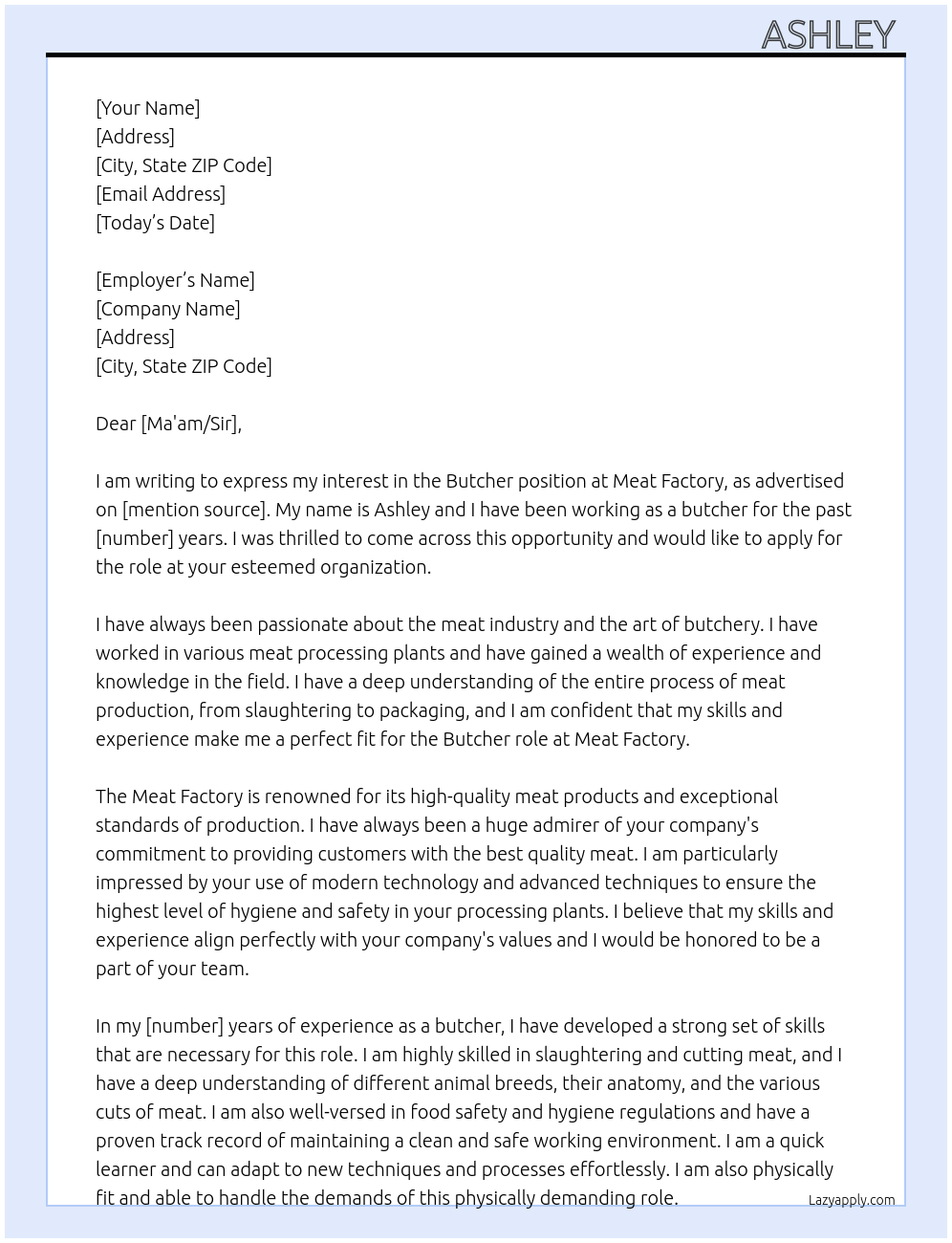 Butcher At Meat factory Cover Letter